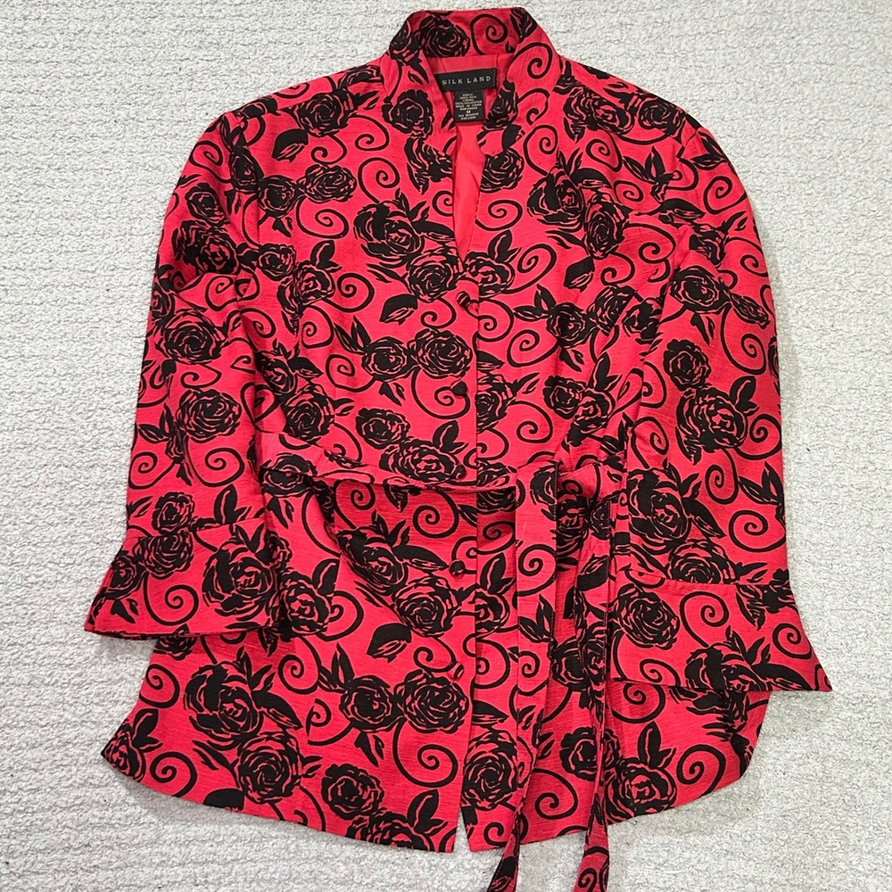 Silk Land Blouse Floral Rose Silk M Red Black Vintage Romantic Chic Tie Waist